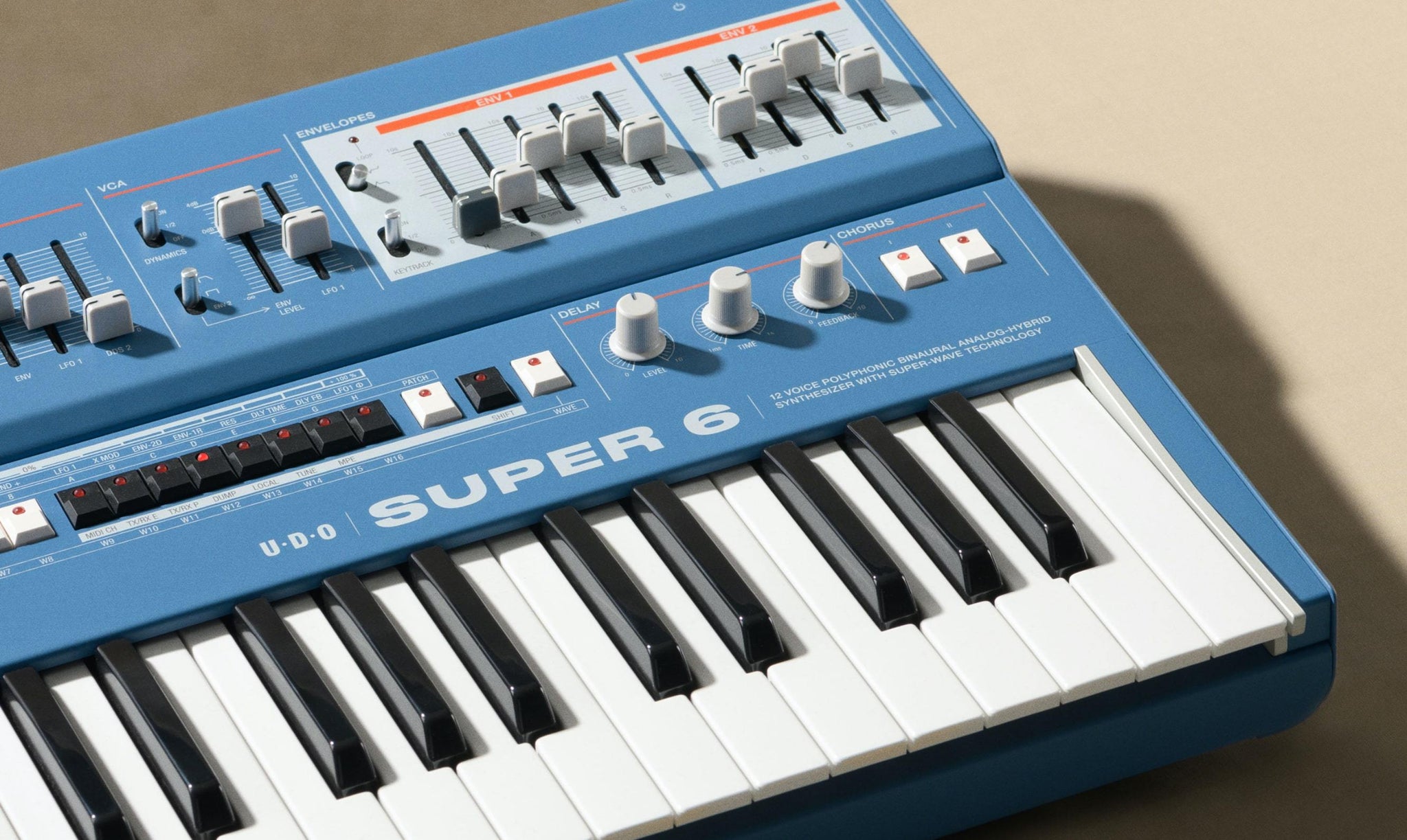 The Super 6 is a 12-voice polyphonic, binaural analog-hybrid synthesizer